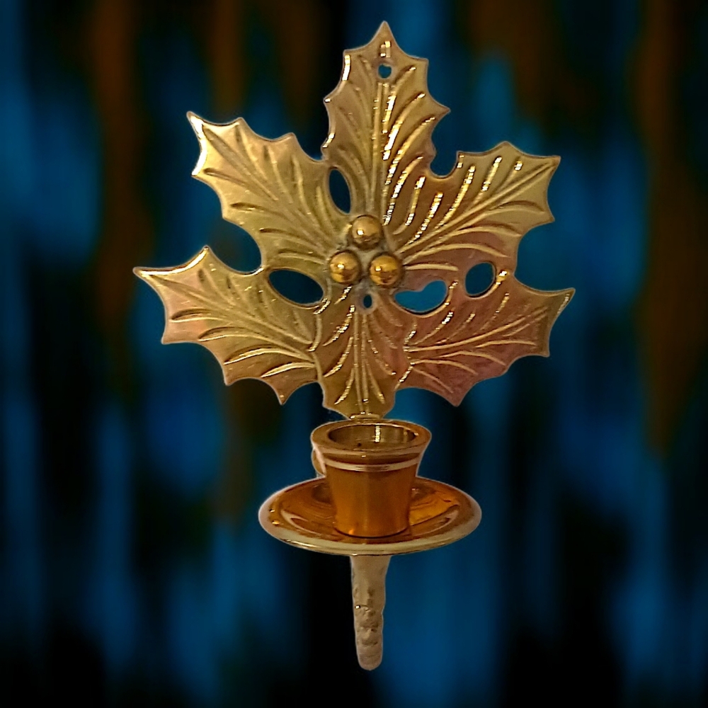 Vintage Brass Holly Leaf Candle Wall Sconce Holder Single Solid Winter‎ Vignette